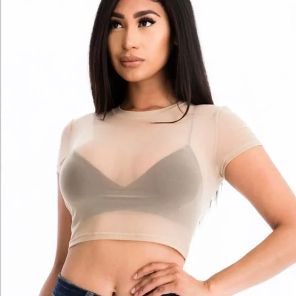 NEW ON TREND KHAKI CROPPED TOP SHORT SLEEVE SHEER MESH SHIRT - Picture 2 of 2